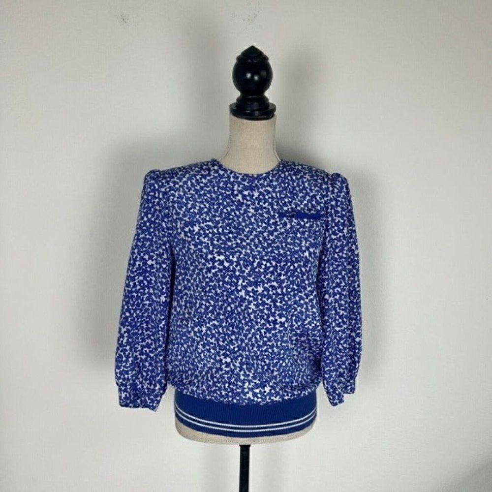 Vintage 80s B.G.B LTD. Womens Blue & White Tiny Mushroom Print Blouse Size 8